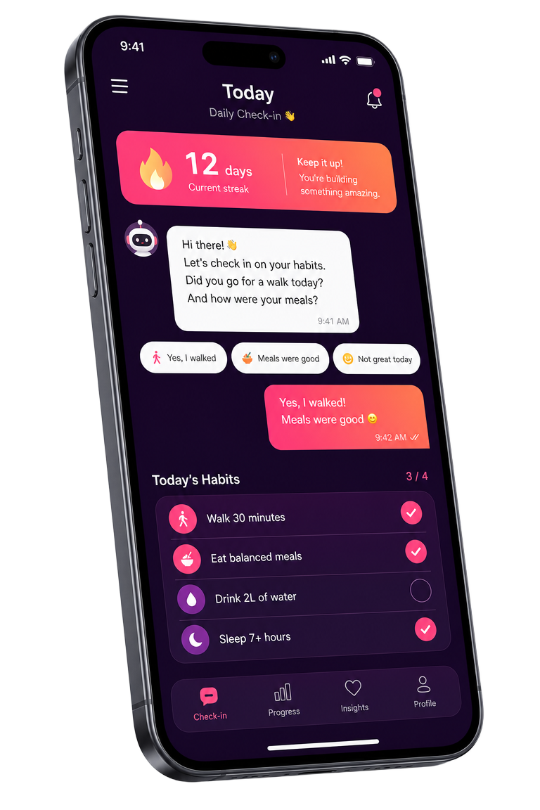 Daily check-in screen inside the ProtoFit app