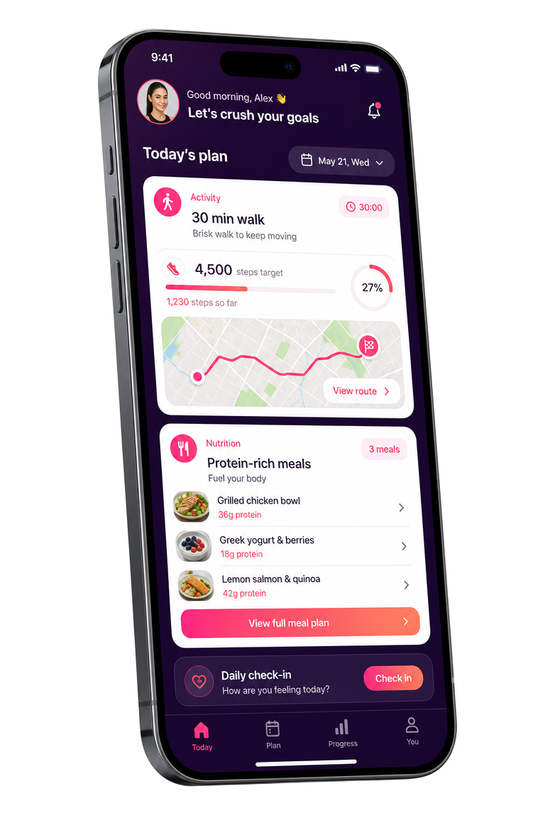 Walking and daily plan screen inside the ProtoFit app
